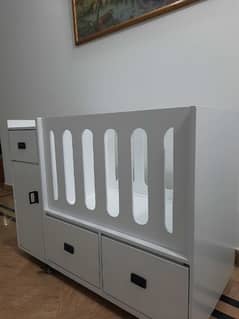 For Sale: Beautiful Wooden Baby Cot with Side Almirah & Drawers