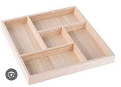 square wooden tray with compartments