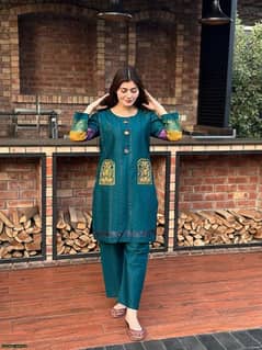 2 Pcs Women's Stitched Cotton Lawn Embroidered Shirt And Trouser