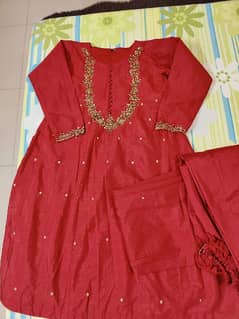 Blood red embroidered three piece dress