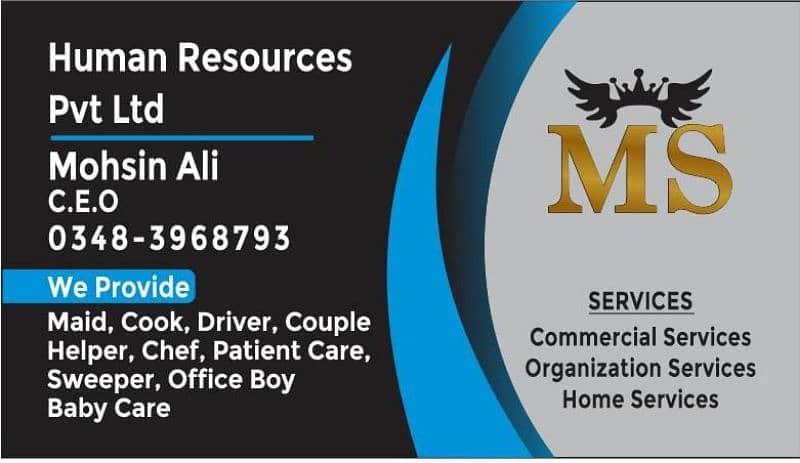 We provide Cook, maid, office boy, Driver, babysitter patient care, 2