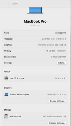 MacBook Pro 2019 - i9,1TB, 16GB RAM, 4GB GC - Excellent Condition