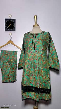 2 pcs Womens stitched Lawn Digital Print Frock and Trouser
