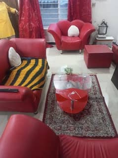 4 seater sofa + 2 couch 1 centre table  red colour