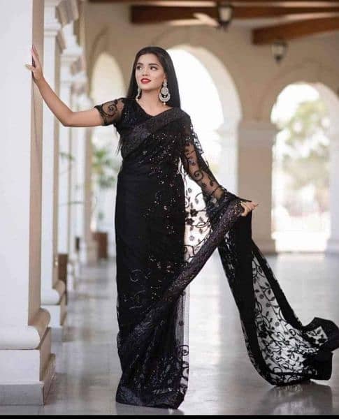 New S. A. S Designer Black Saree  Sequence + Thread work  03151068001 11