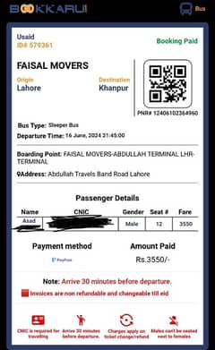 Bus ticket Lhr to Zpr & Khanpur