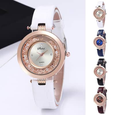 Imported Fashion Woman's Shiny Rhinestones Faux Leather Quartz Wrist