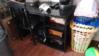 study/work table + chair, lcd wall rack, iron wall rack
