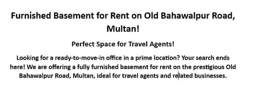 Furnished Basement for Rent on Old Bahawalpur Road, Multan!