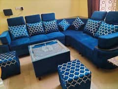 2 months used L shaped sofa with tables stools