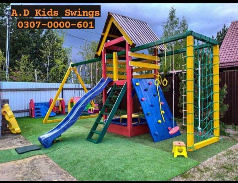 Multiple Swings & Slide| Wooden Tree House |Seesaw| Bench|Gazibo 2