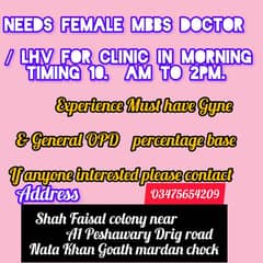 Needs Female MBBS Doctor/ LHV  Clinic in Morning time 10 am to 2pm 0