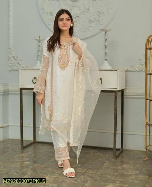 3 Pcs Women's Stitched Organza Embroidered Suit 2