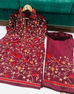 2 Pcs Women’s Stitched Katan Silk Embroidered Suit