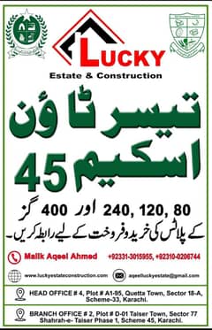 120 sq. yd. Sector 74/4 Plot For Sale at Taiser Town Phase-1, Scheme 45, Khi.