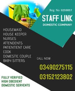 House maids , Maids , Patient care , Couple , Cook , Office Boy ,Guar