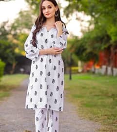 2pcs Women's Stitched linen printed Shirt And Trouser