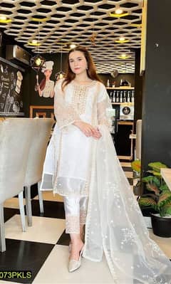 3 Pcs Women' Stitched Organza Embroidered Suit