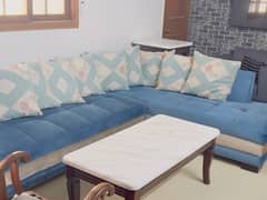 L SHAPED SOFA IN BLUE AND GREY 0