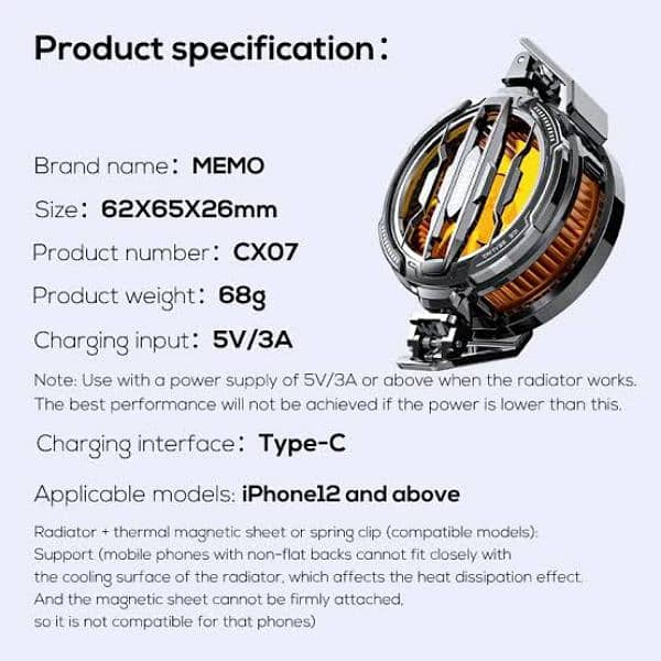 Memo Cx07 Magnetic Cooling Fan Instant Cooling 15W 6