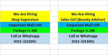 Shop Supervisor & Sales Girl (Emporium Mall LHR)