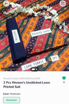 2 pcs women's unstitched lawn printed suit