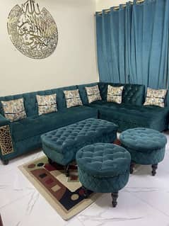 L shape sofa set with curtains