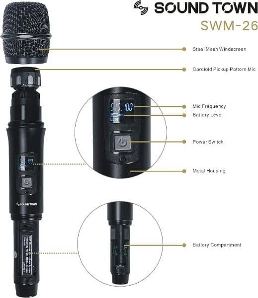 Sound Town Metal 200 Channels UHF Wireless Microphone System with 2 m 3