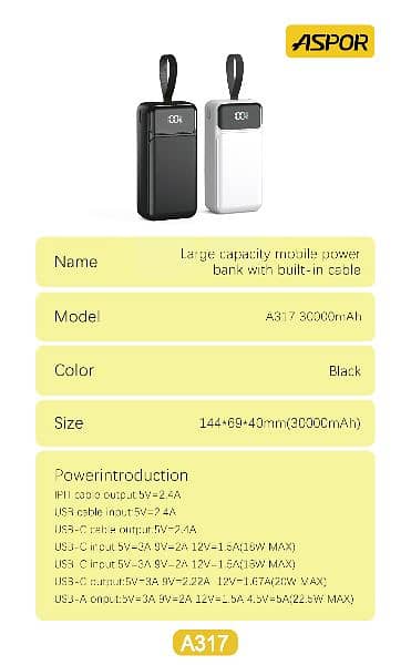 Aspor 30000mAh 22.5W Fast Charging Power Bank A317 2