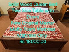SOLID WOOD QUEEN BED with SIDE TABLES & MATTRESS 0