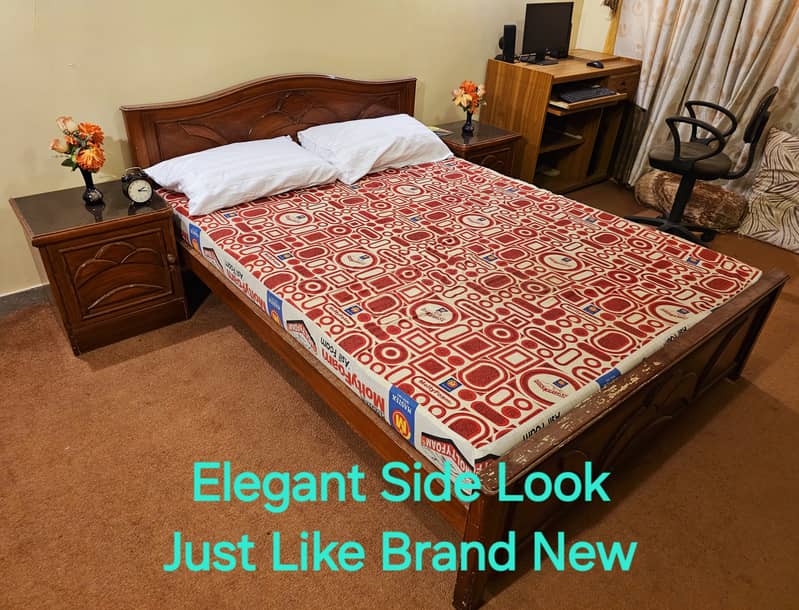 SOLID WOOD QUEEN BED with SIDE TABLES & MATTRESS 1