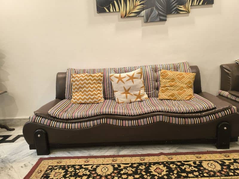 7 seat sofa set"In Stripes:Brown Sofa Set with Modern Cushions" 3