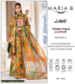 3 pcs women's unstiched lawn printed suit(free delivery  in pakistan)