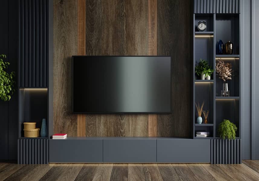 Media Wall TV Wall with Glowing Light Wooden Media Wall 3