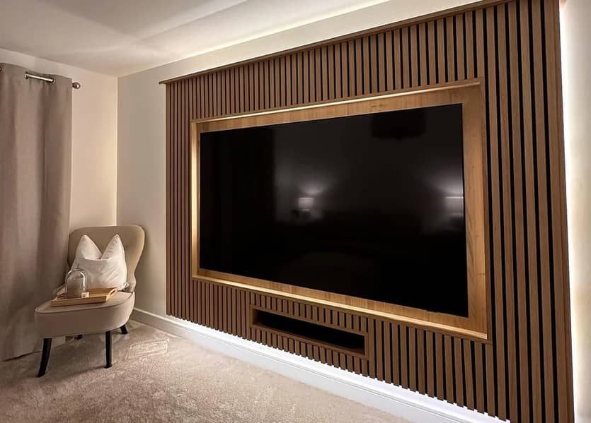 Media Wall TV Wall with Glowing Light Wooden Media Wall 4