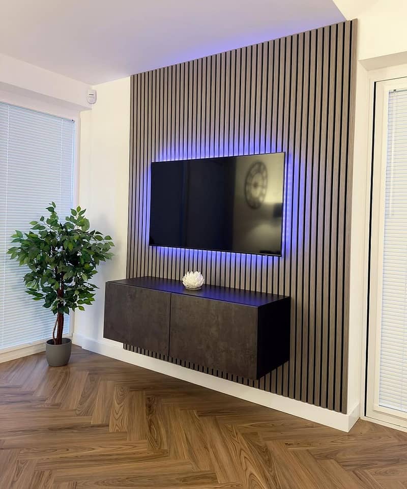 Media Wall TV Wall with Glowing Light Wooden Media Wall 5