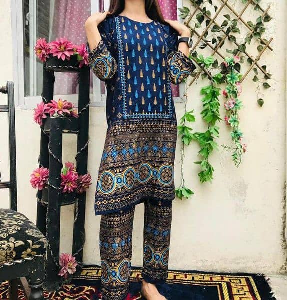 women's 2 pcs stitched linen printed suit 1