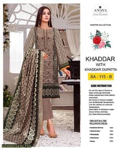 3 pcs women's Unstitched Khaddar embroidered suit