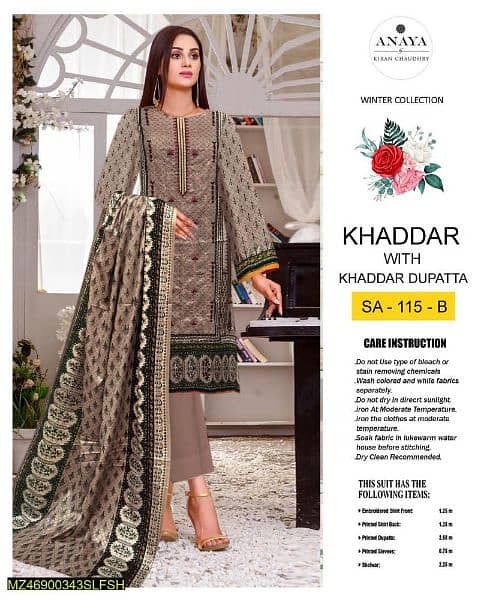 3 pcs women's Unstitched Khaddar embroidered suit 0
