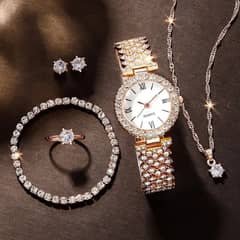 6 PCs women trend luxury rhinestone roman quartz watchset