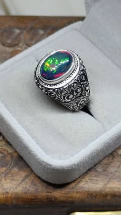 Natural Black Opal gemstone hand crafted Partash chandi ring