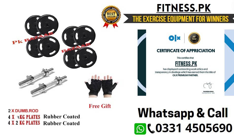 22kg Rubber Coated Weight Plates 2 Dumbel Rod Dumbbells Bench Press 0