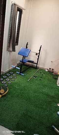 Full home gym setup, All body workout, bench dumbbells plates and rods