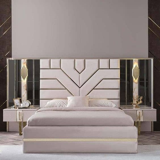 Double bed / poshish bed / brass stips bed/side tables 5
