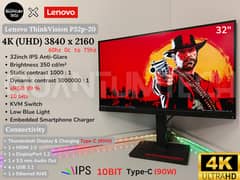 Lenovo 32inch 4k UHD IPS 10 BIT Type C HDMI 2.0 Borderless led Monitor