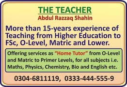 Experienced Home Tutor | Home Teacher Available