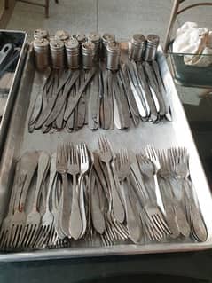 Restaurant crockery, trays, fork, knives, sprinklers