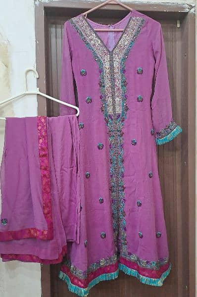 Long Purple Frock with dupatta & Trouser 1