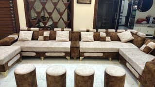 L shaped 9 seater sofa set with 4 cusion stool