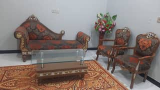 chiniot wood 3 seater dewan and 2 bedroom chairs with table